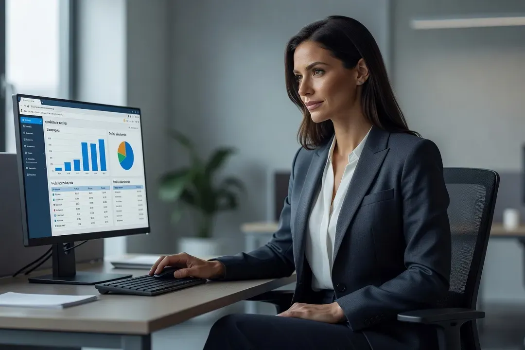 Femme consultant un entretien d'embauche assisté par un outil numérique de recrutement