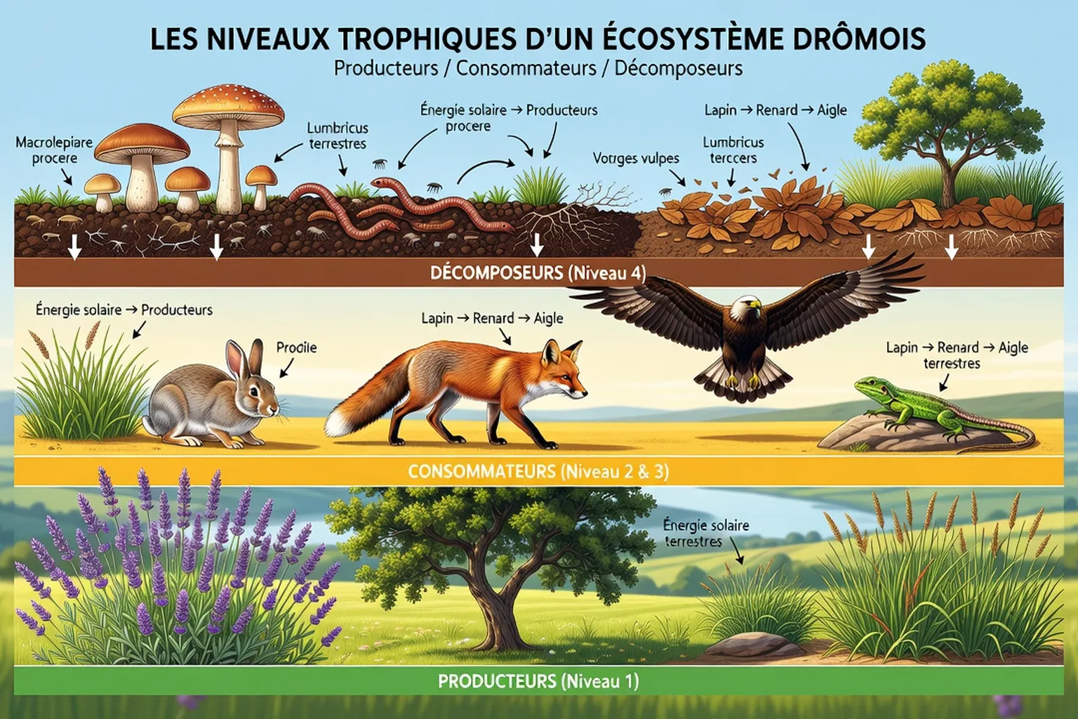 Infographie illustrant les niveaux trophiques d'un écosystème drômois, style illustration scientifique moderne