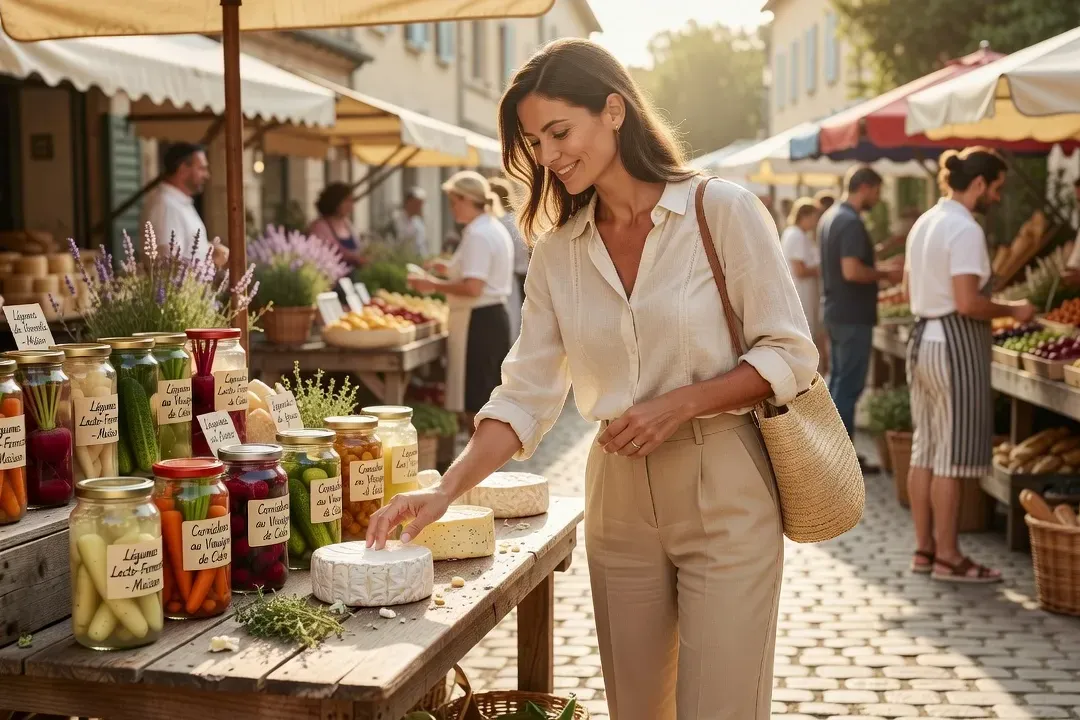 Très belle femme adulte choisissant des fromages de chèvre et produits lacto-fermentés sur un marché drômois