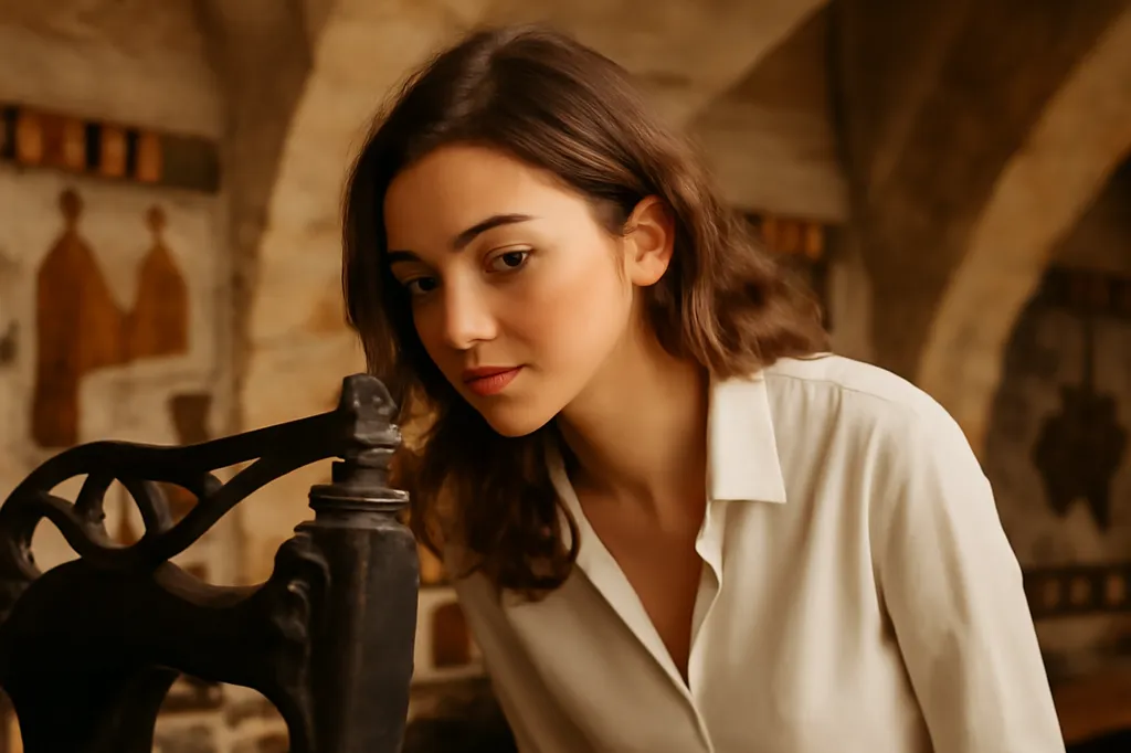 Très belle femme adulte examinant une machine à coudre ancienne de cordonnerie dans un atelier historique