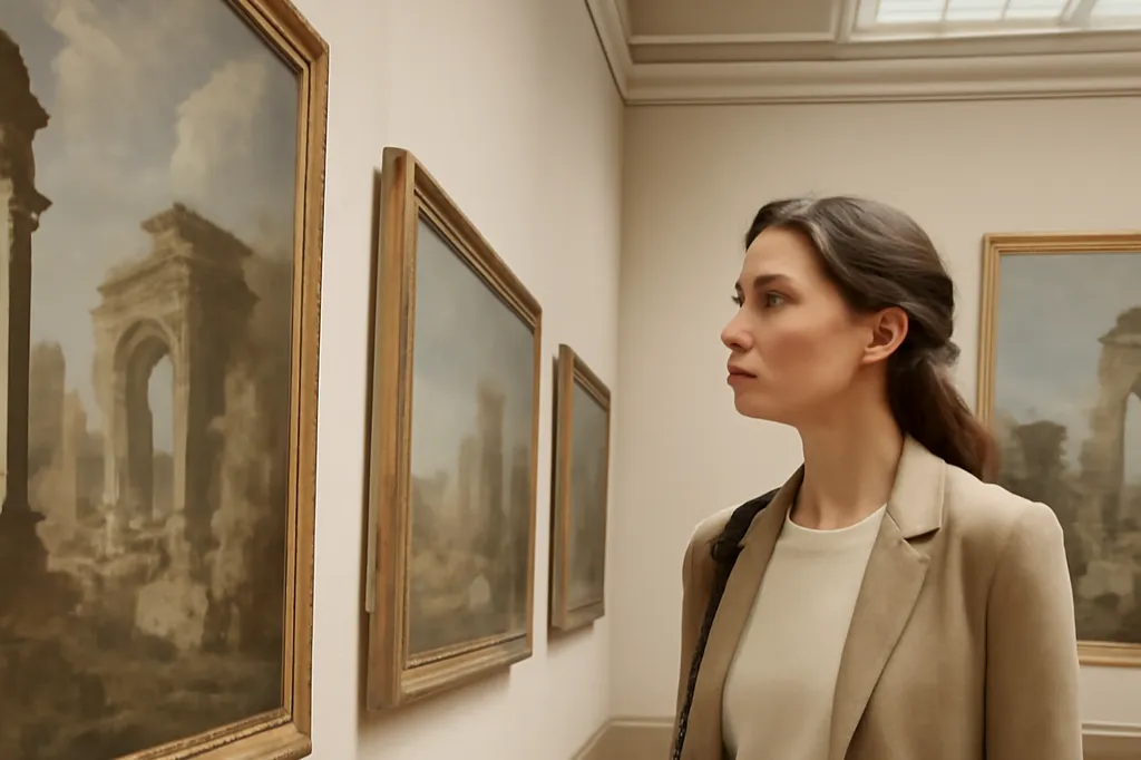 Salle du musée dédiée aux paysages peints par Hubert Robert, avec visiteuse observant les toiles