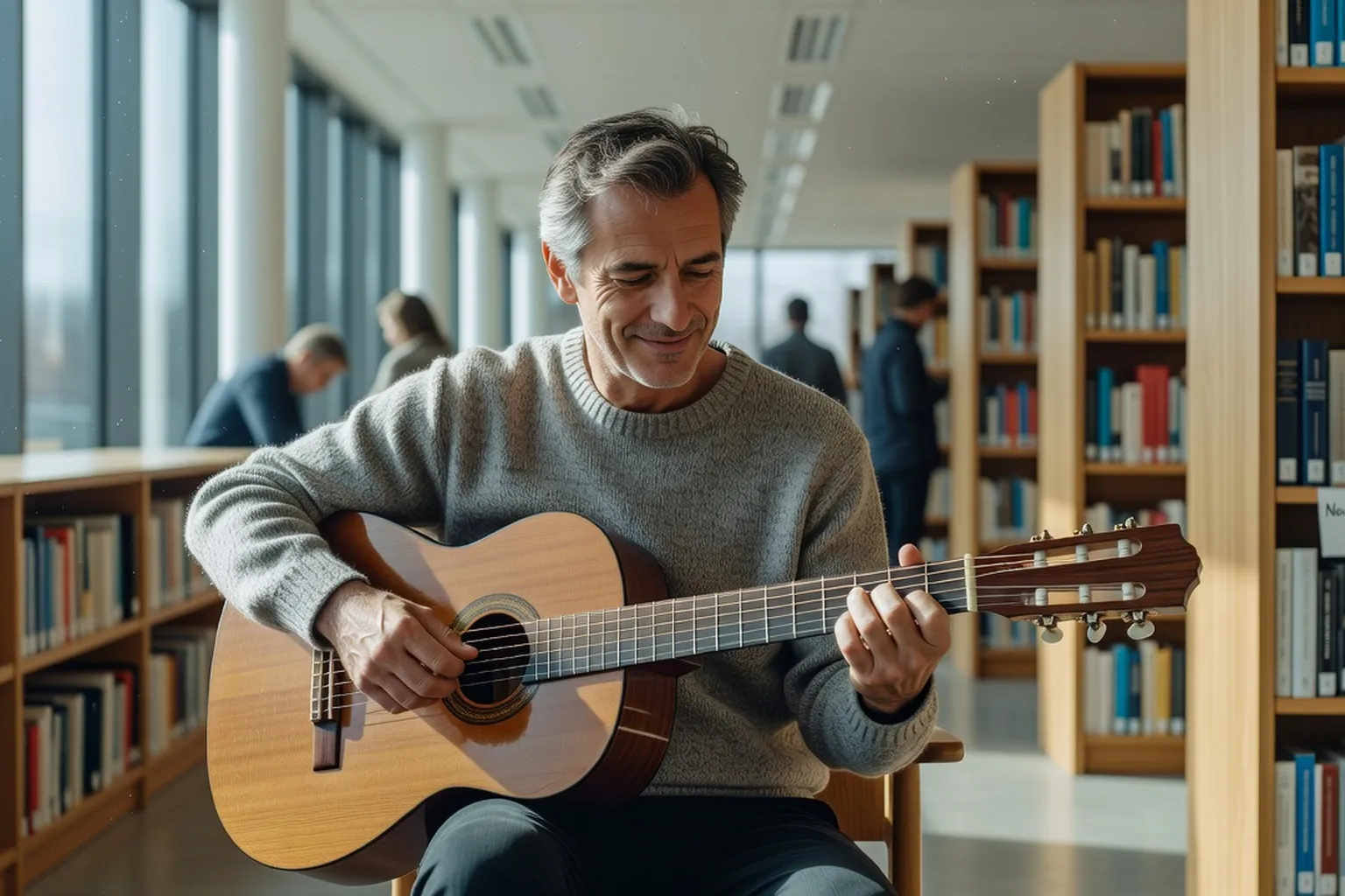 Homme adulte concentré apprenant un instrument de musique dans une bibliothèque lumineuse, expression de satisfaction