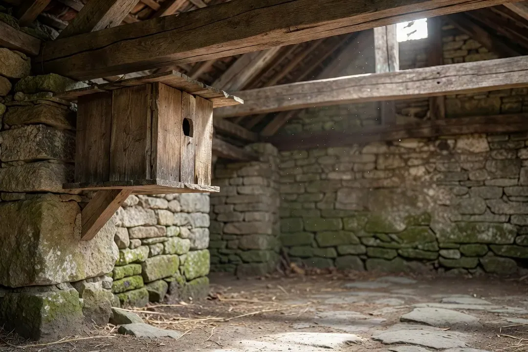 Nichoir en bois installé sous la charpente d'une grange traditionnelle drômoise pour accueillir une chouette effraie