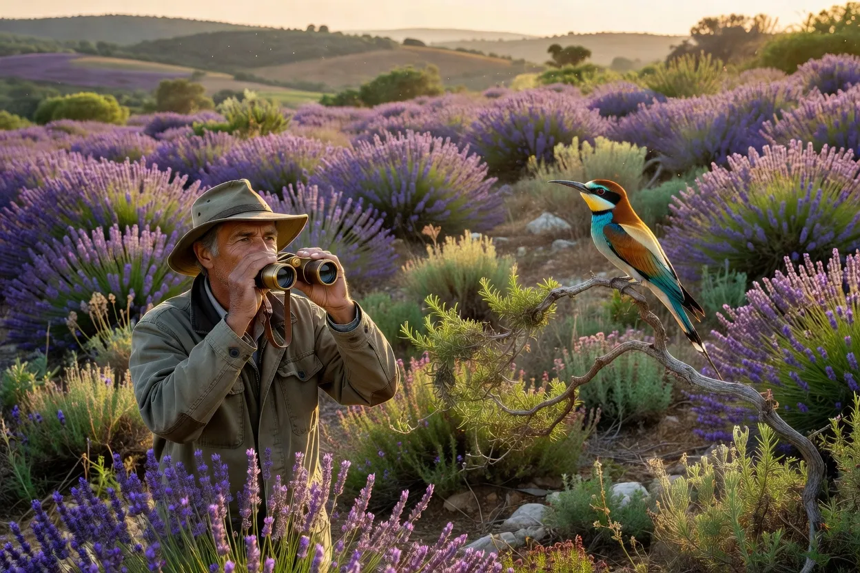 Ornithologue observant une huppe fasciée dans un vignoble drômois, garrigue et lavande en arrière-plan