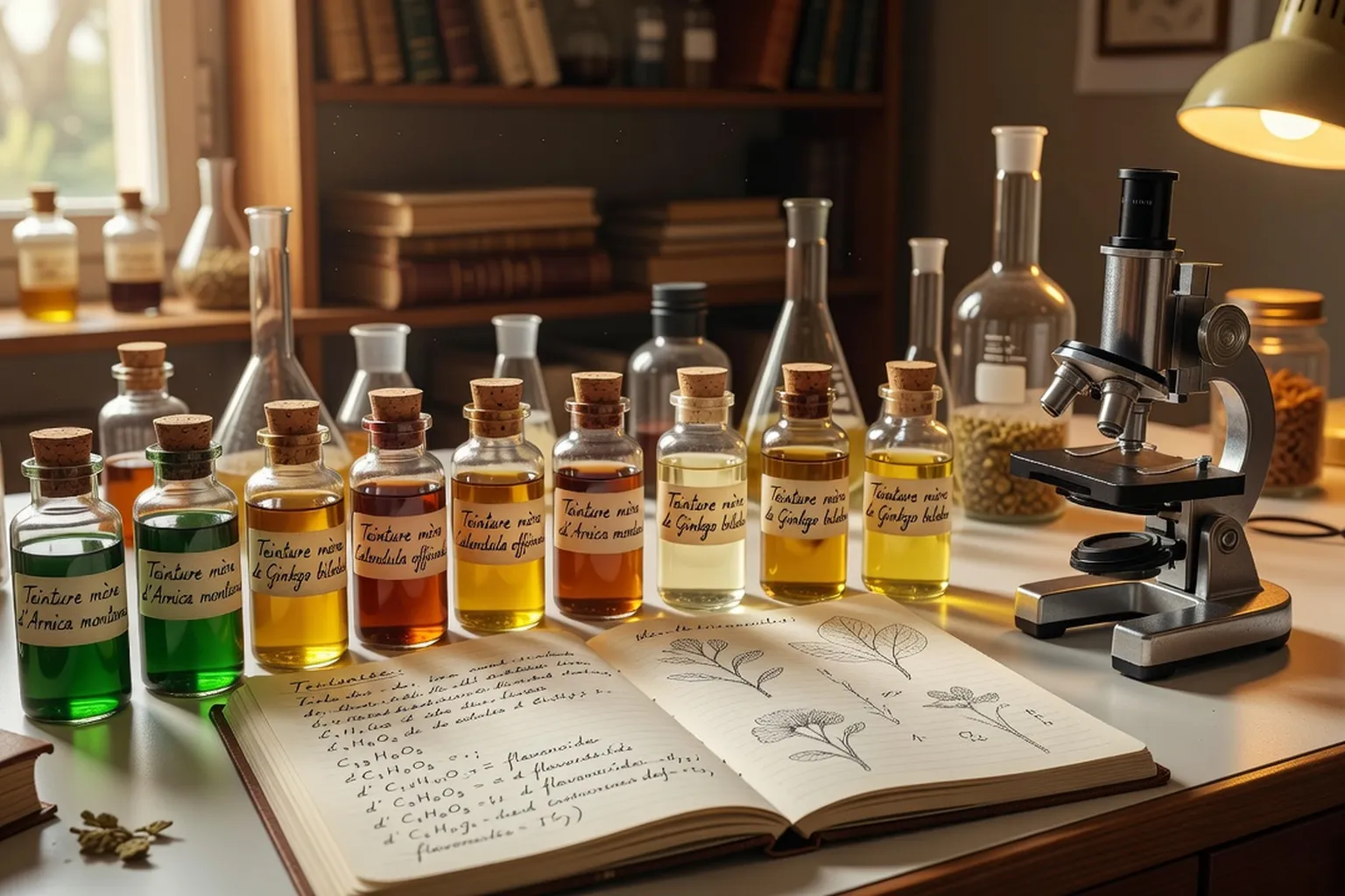 Fioles de teintures mères de plantes médicinales dans un laboratoire de phytochimie