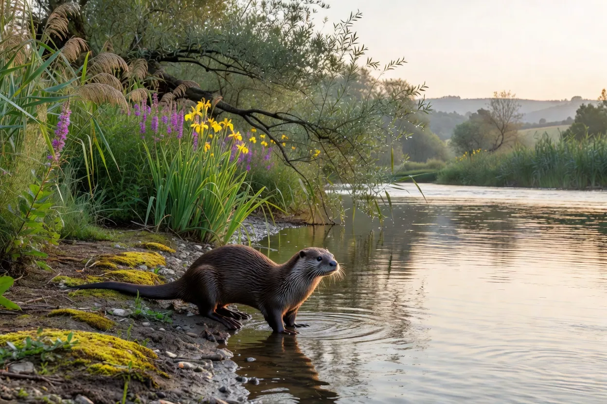 Castor d'Europe sur une berge de la rivière Drôme, entouré de saules et de végétation riveraine