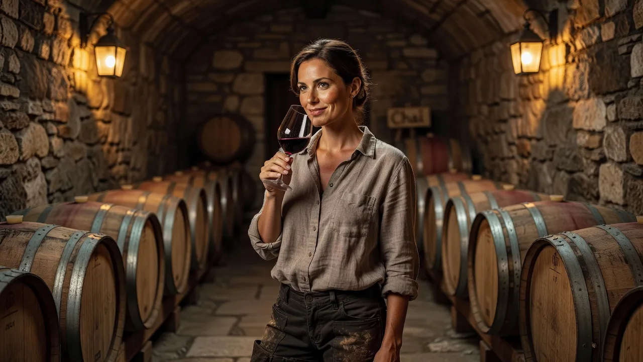 Vigneron dégustant un verre de vin rouge dans un chai en pierre, barriques en arrière-plan, cave drômoise