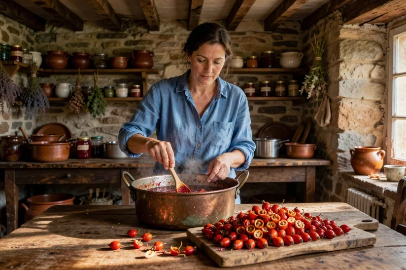 Femme préparant une confiture de cynorrhodons dans une bassine en cuivre, baies rouges égrugées sur une planche en bois dans une cuisine rustique de ferme