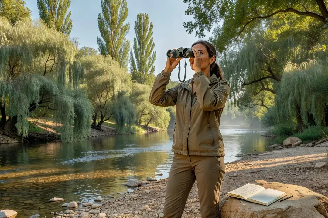 Naturaliste observant les oiseaux à la jumelle au bord de la rivière Drôme, carnet de terrain à la main
