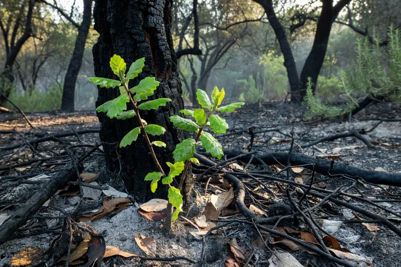 Jeune pousse de chêne kermes aux feuilles vert éclatant repoussant sur un tronc brûli