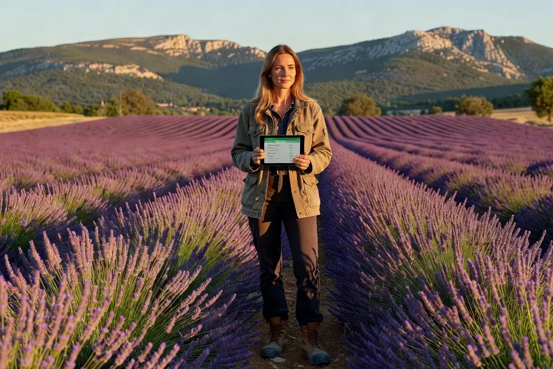 Agricultrice examinant un champ de lavande drômois avec une tablette connectée à des capteurs agricoles