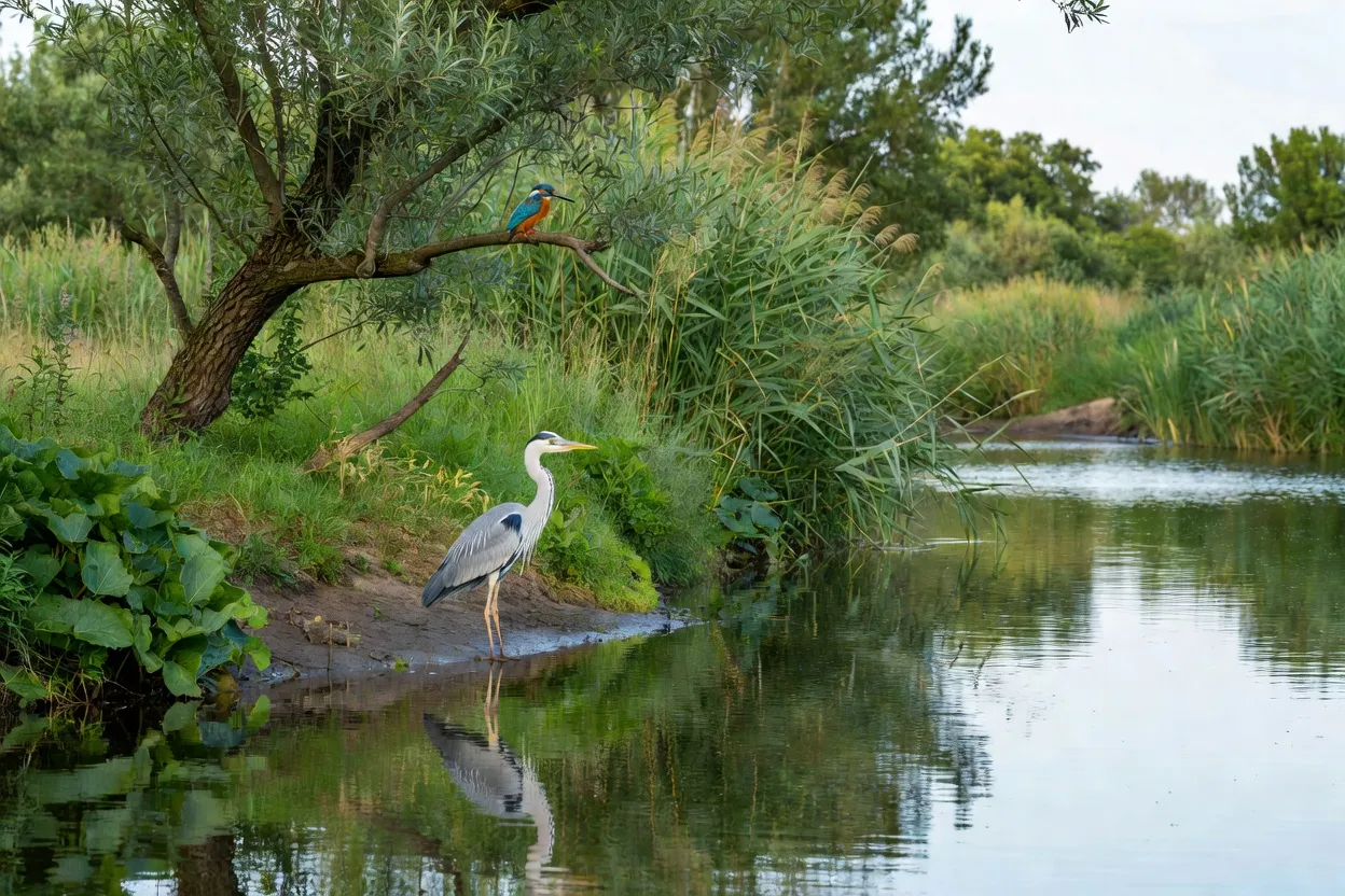 Martin-pêcheur bleu et orange posé sur une branche au-dessus de la rivière Drôme, eau limpide et végétation riveraine