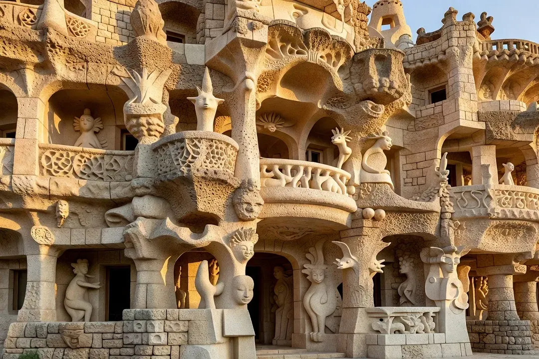 Façade sculptée du Palais idéal du Facteur Cheval à Hauterives, composée de pierres calcaires, tuf et coquillages fossiles assemblés