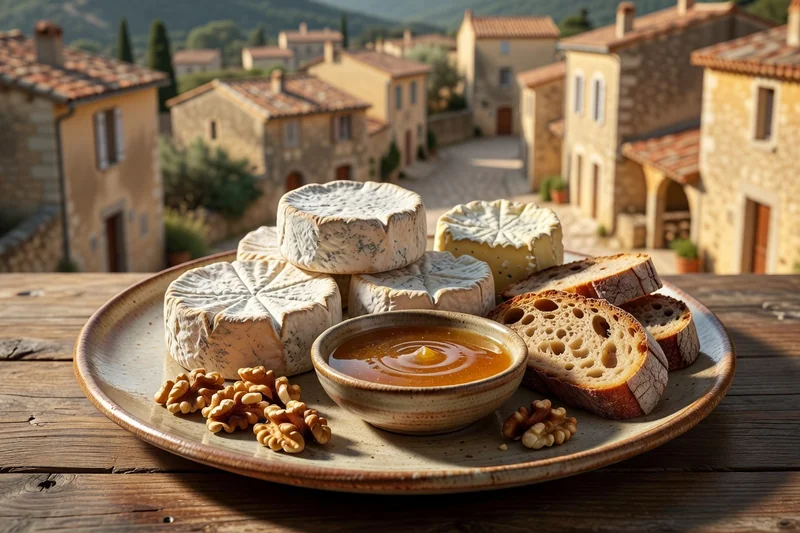 Assiette de picodons affinés de Dieulefit servis avec miel de lavande, noix et pain de campagne, village drômois en pierre en arrière-plan