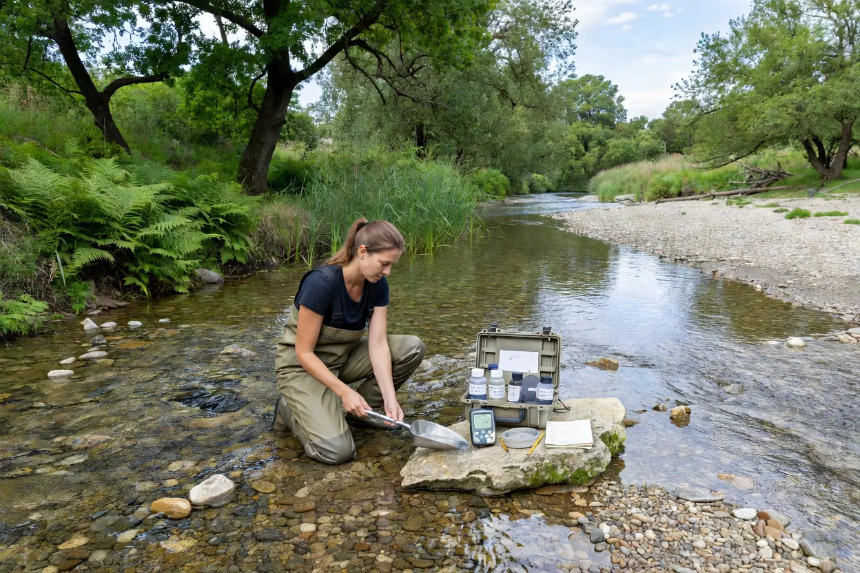 Chercheur prélevant un échantillon d'eau dans un cours d'eau de la réserve des Ramières, gravier et eau claire