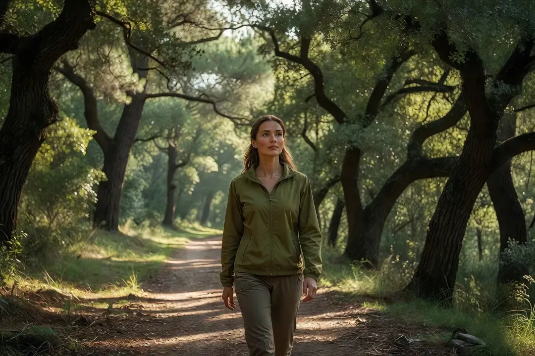 Femme marchant lentement en forêt drômoise lors d'une séance de bain de forêt