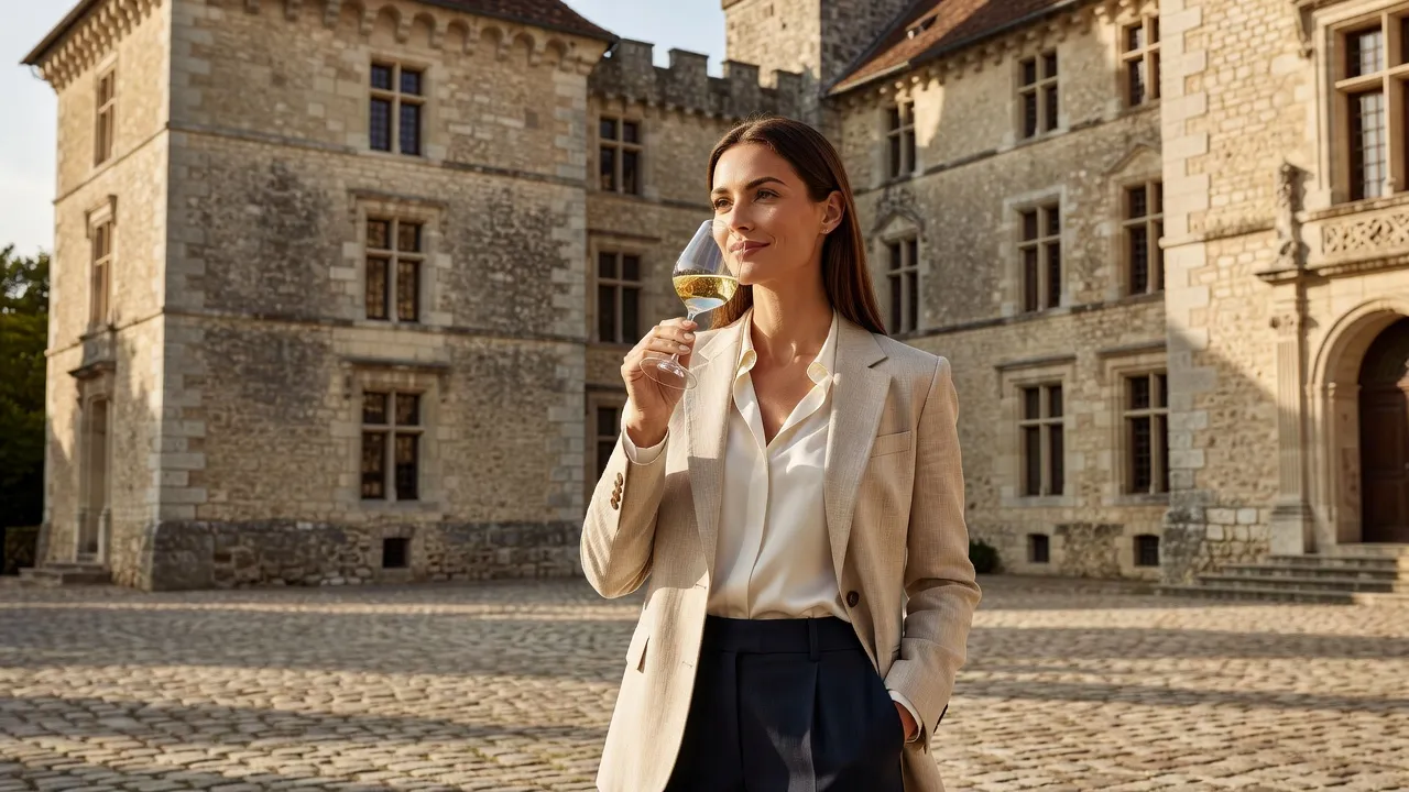 Visiteuse dégustant un verre de vin blanc devant le château médiéval de Suze-la-Rousse, siège de l'Université du Vin