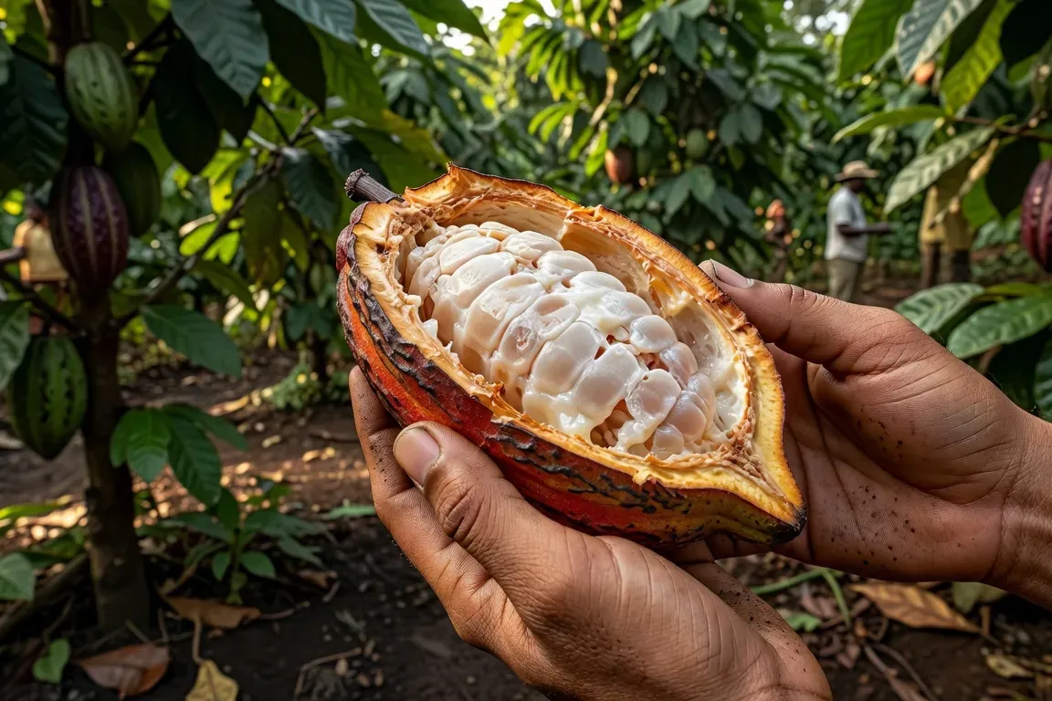 Cabosse de cacao ouverte révélant la pulpe blanche entourant les fèves