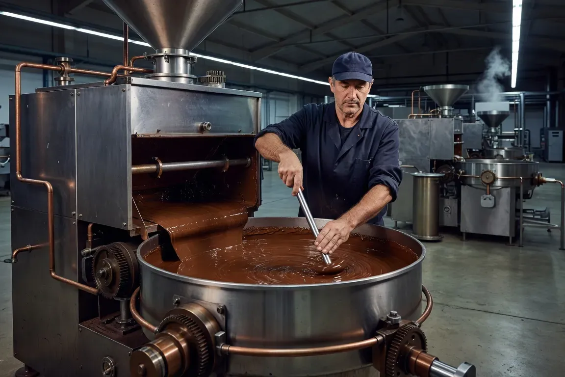 Chocolatier artisan utilisant des instruments de mesure pour contrôler la cristallisation du chocolat