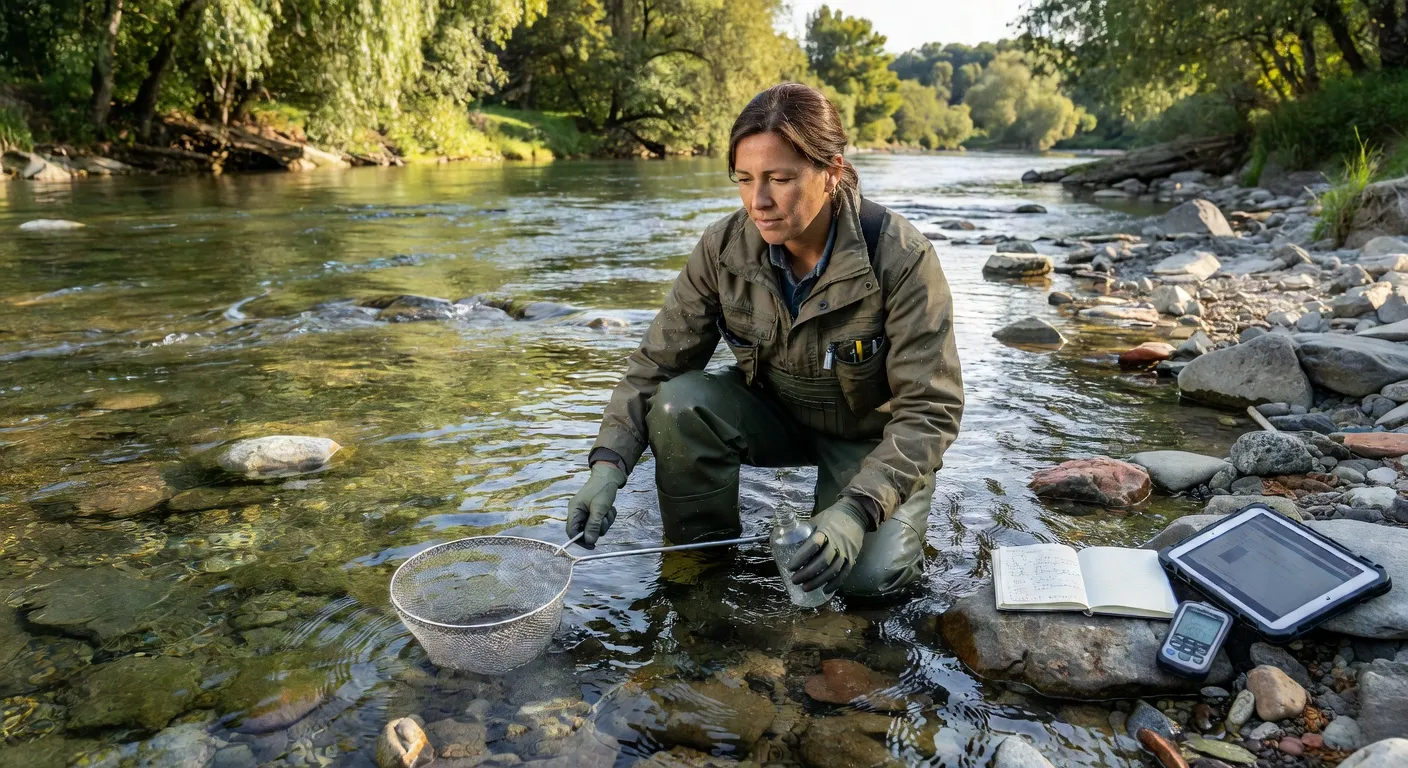 Scientifique en waders prélevant un échantillon d'eau dans la rivière Drôme pour analyse