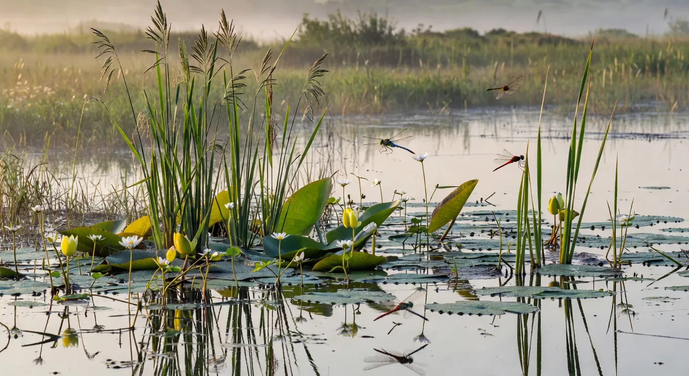 Zone humide drômoise avec libellules et végétation aquatique, réserve naturelle des Ramières