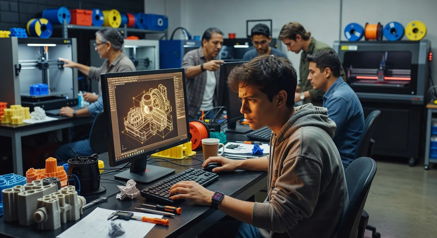 Jeune personne apprenant la conception 3D sur ordinateur dans un FabLab drômois, atelier collaboratif