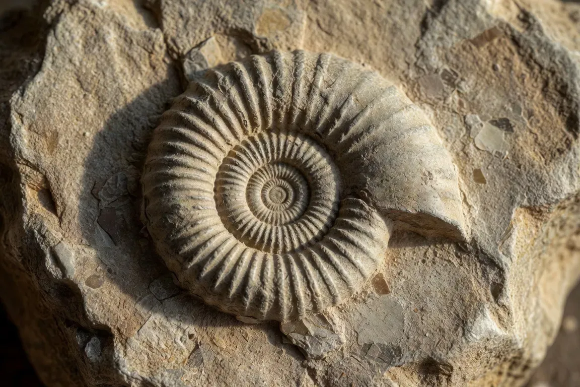 Fossile d'ammonite dans une roche calcaire de la Drôme, paléontologie