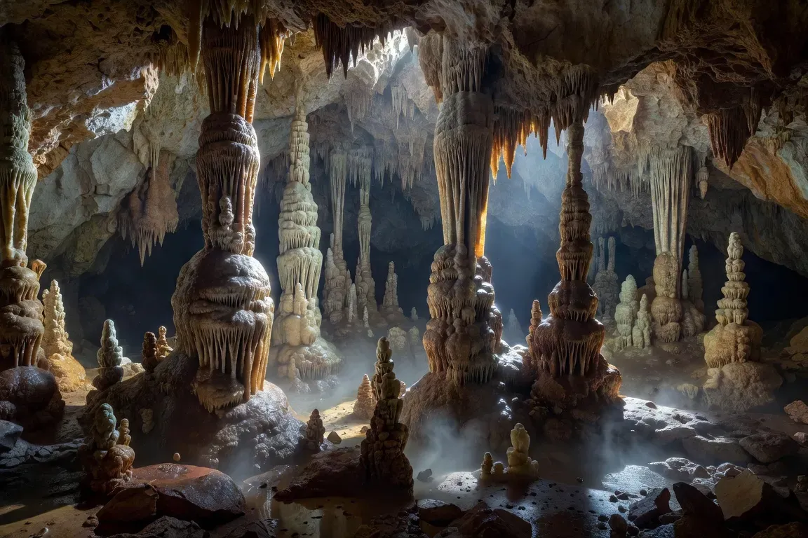 Stalactites et stalagmites dans une grotte karstique de Drôme-Ardèche