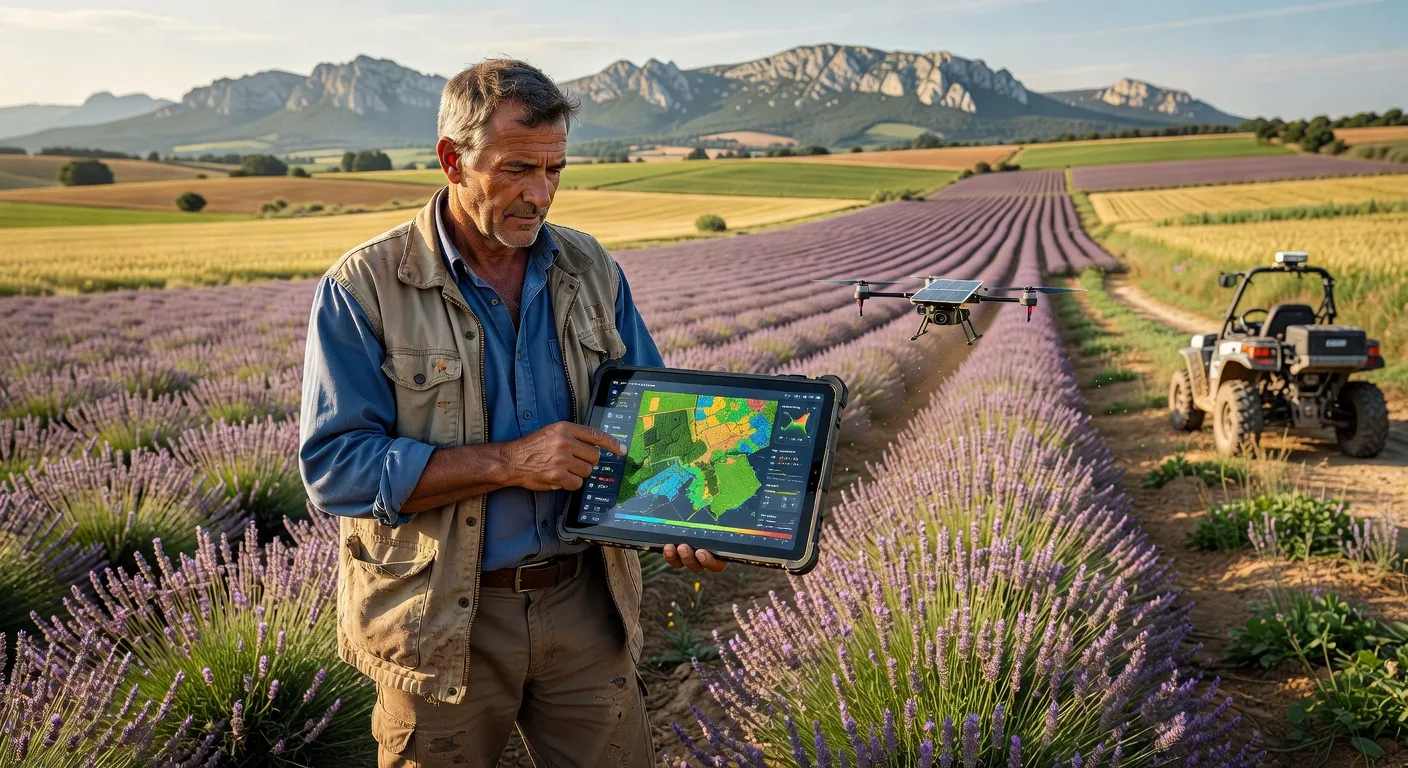 Agriculteur drômois utilisant une tablette avec analyse IA de ses cultures, agriculture de précision 2026