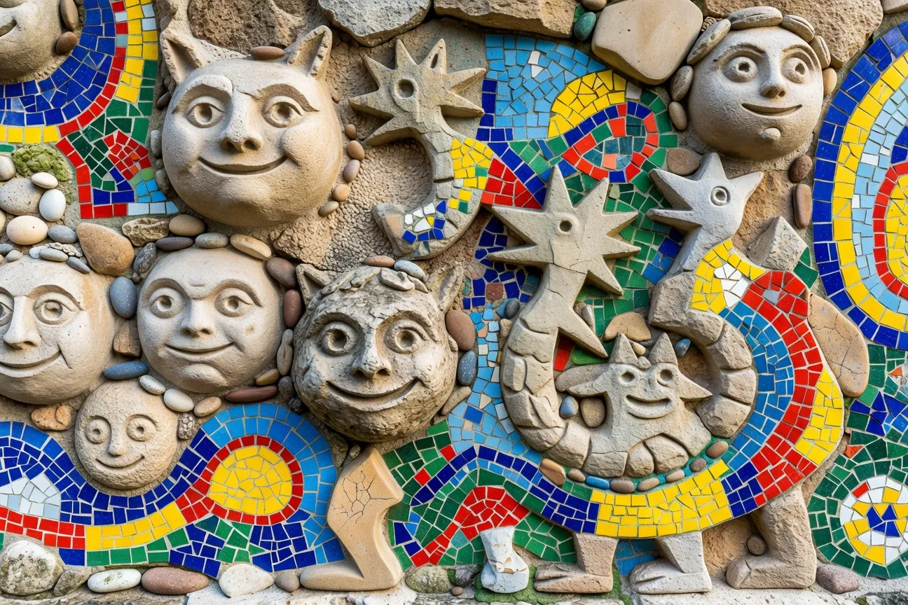 Détails de sculpture et de mosaïque dans le style Art Brut du Palais Idéal