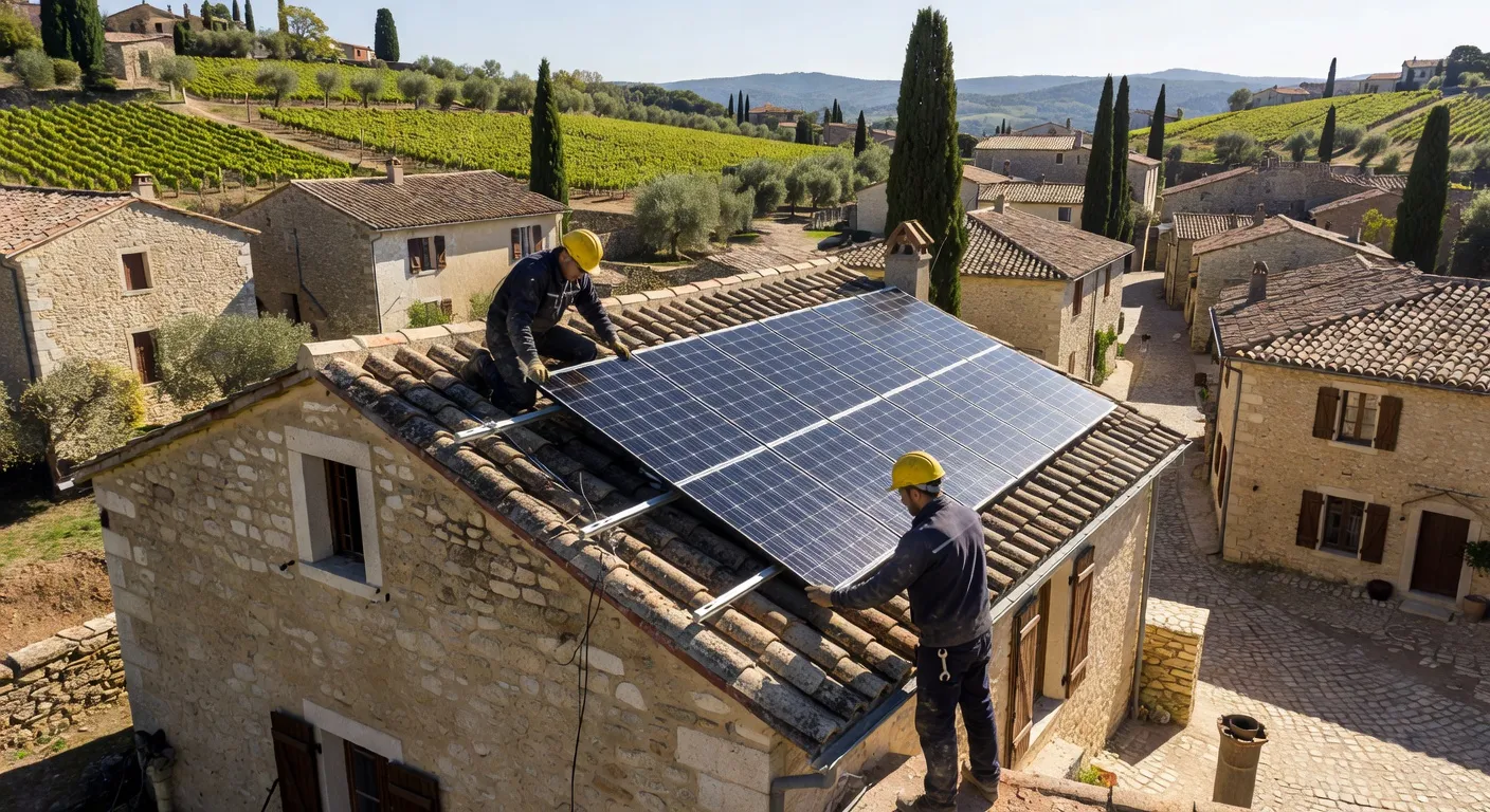 Installation de panneaux solaires sur le toit d'une maison ancienne drômoise en pierres