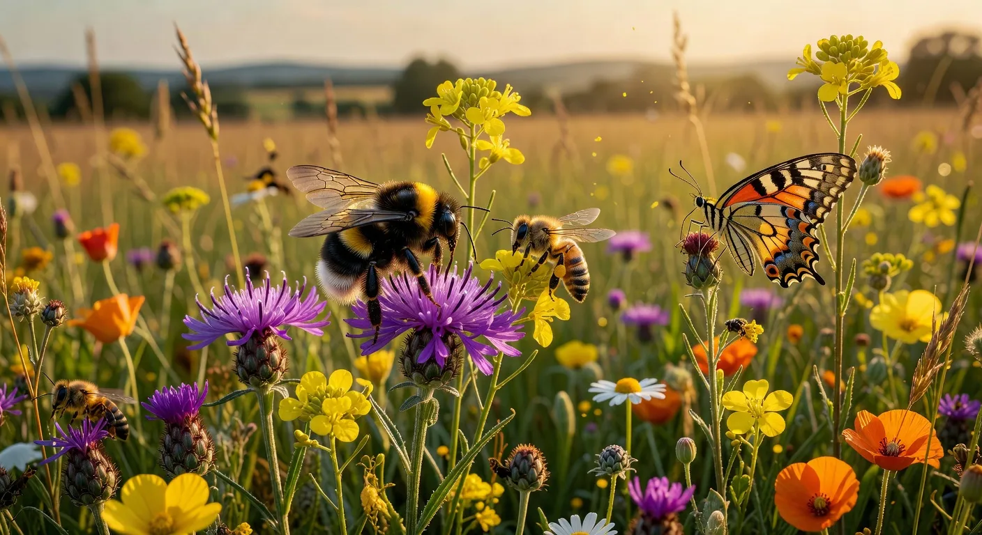 Prairie fleurie avec pollinisateurs variés — abeilles, bourdons et papillons — en Drôme provençale