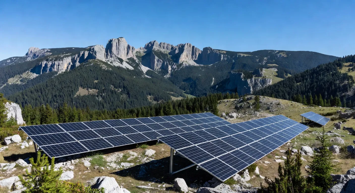 Panneaux photovoltaïques avec vue panoramique sur le massif du Vercors, Drôme