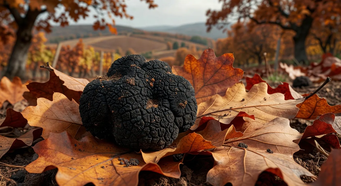Truffe noire Tuber melanosporum posée sur un lit de feuilles de chêne, Tricastin drômois