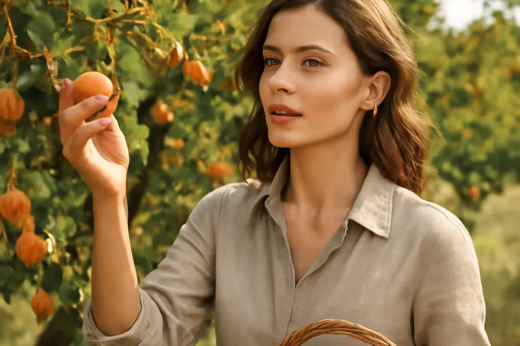 Arboricultrice récoltant des abricots mûrs dans un verger de la Drôme des Collines