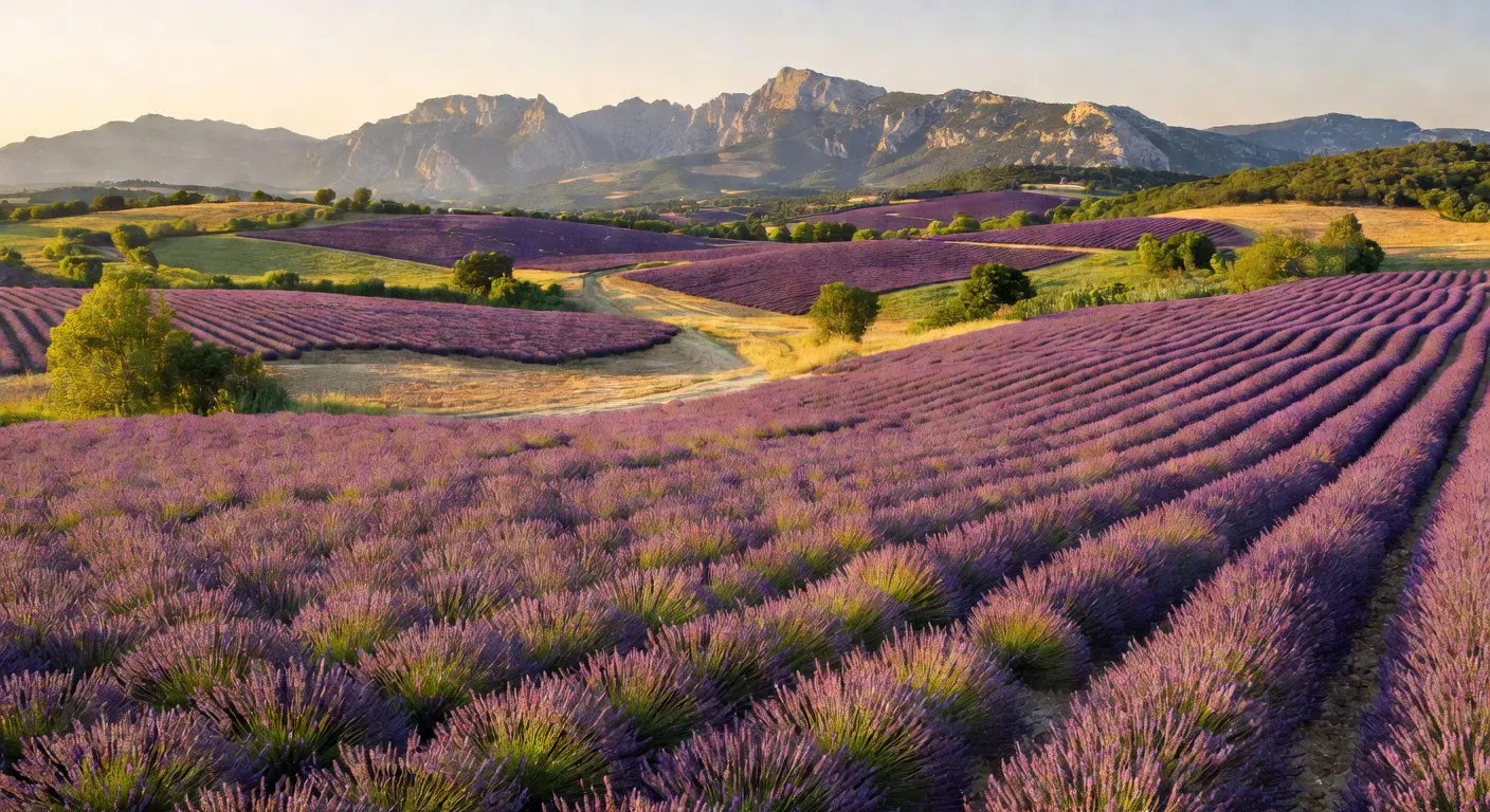 Paysage de lavande en Drôme provençale avec les montagnes du Vercors