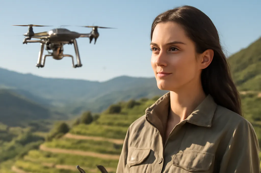 Ingénieure agronome pilotant un drone agricole au-dessus d'un vignoble drômois