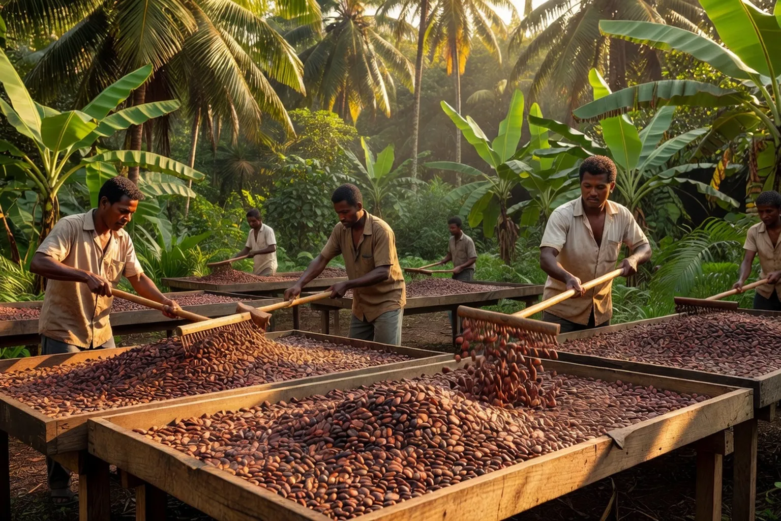 Fèves de cacao fermentées séchant au soleil sur des claies en bois