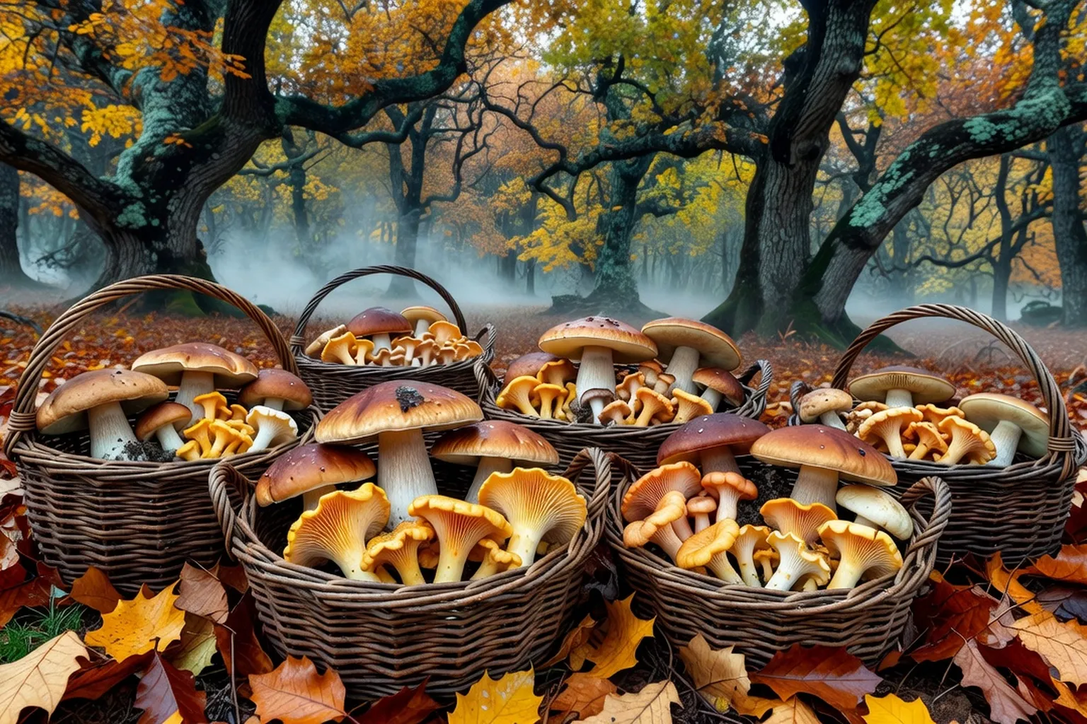 Paniers d'osier remplis de champignons sauvages sur fond de forêt de chênes drômoise