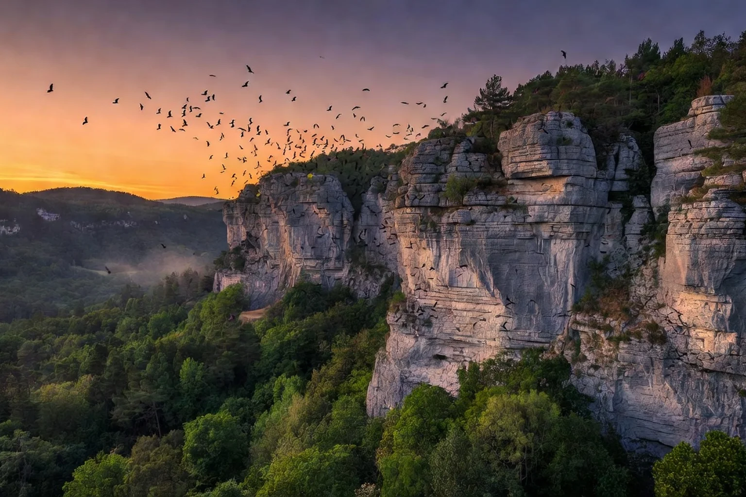 Nuée de chauves-souris au crépuscule devant les falaises calcaires boisées du Vercors en Drôme