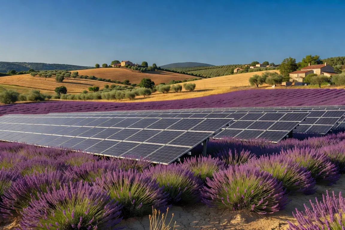 Champ de panneaux solaires avec lavande en fleurs en arrière-plan, Drôme provençale