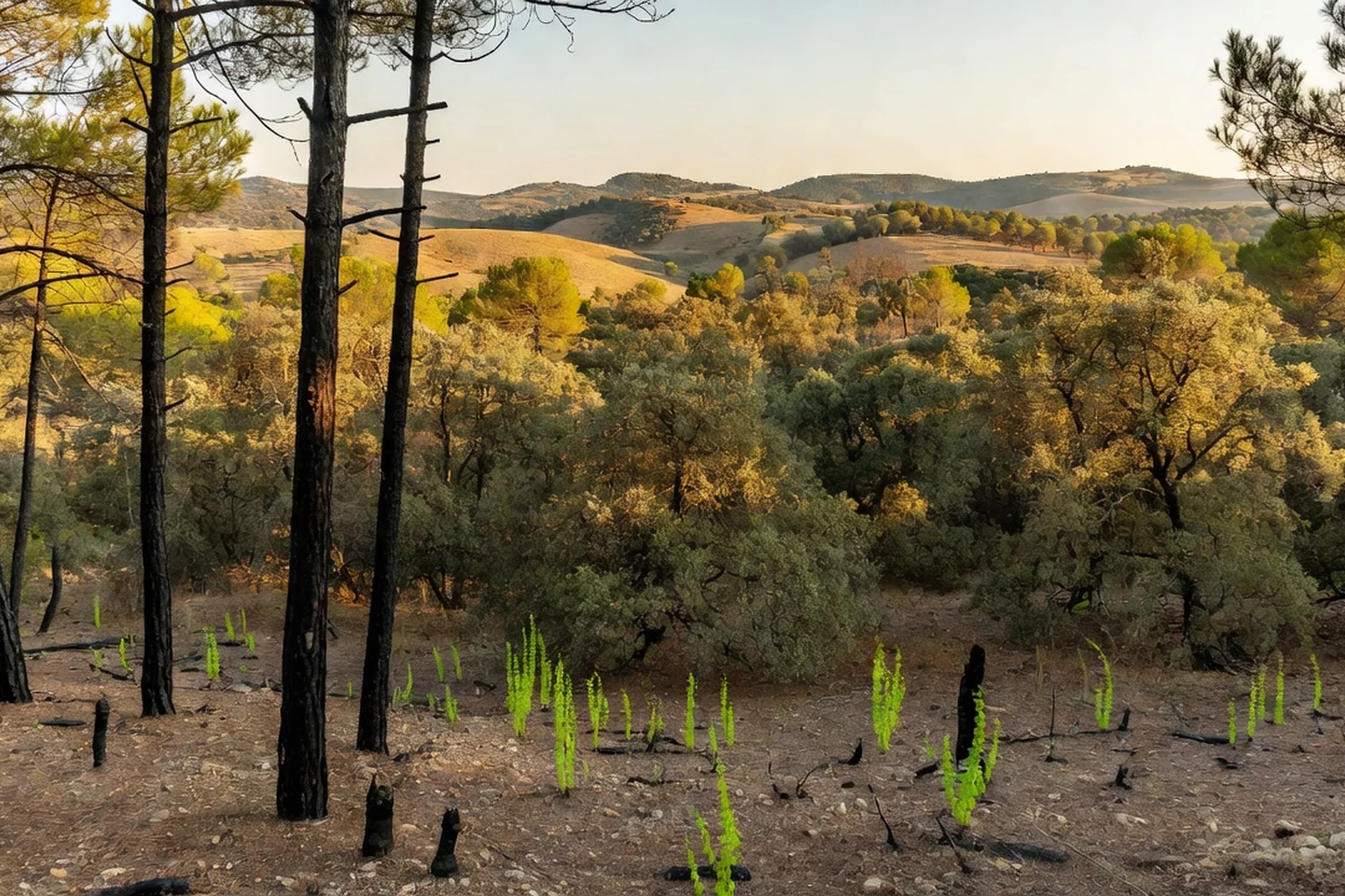 Paysage de garrigue drômoise après un incendie, troncs noircis et jeunes pousses vertes