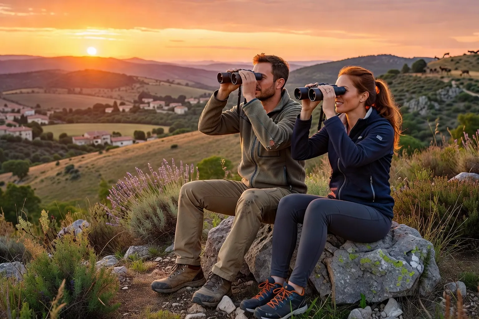 Couple avec jumelles observant la faune depuis un rocher panoramique en Drôme provençale