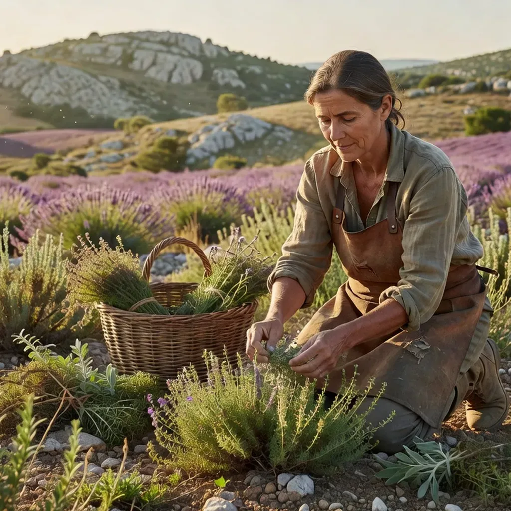 Sophie Arnaud, herboriste, cueillant des plantes médicinales dans les garrigues drômoises