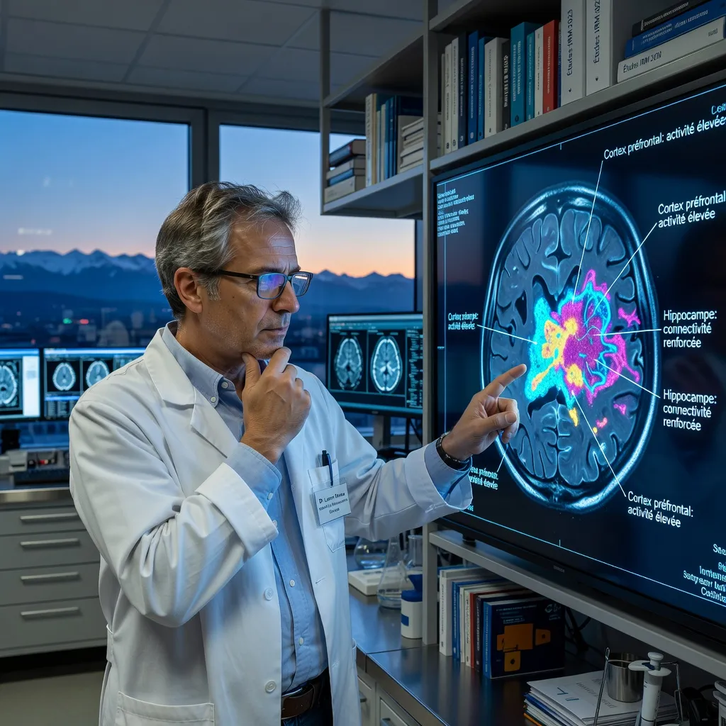 Chercheur en neurosciences examinant un scan IRM cérébral 3D dans un laboratoire à Grenoble