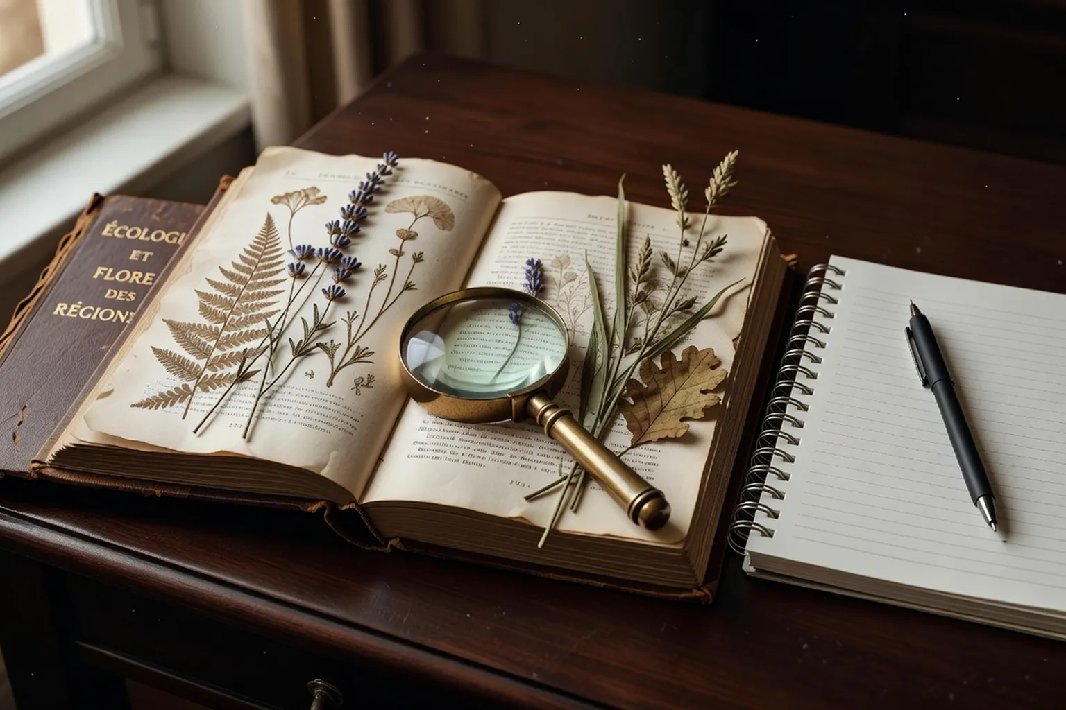 Livre d'écologie ouvert avec plantes séchées en herbier, loupe et carnet naturaliste