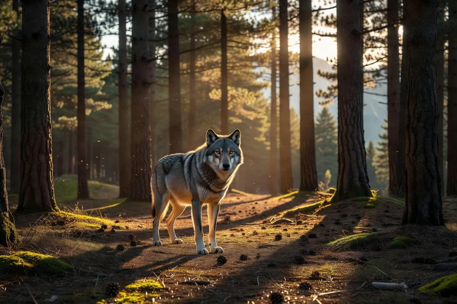Loup dans une forêt de pins drômoise, lumière dorée crépusculaire