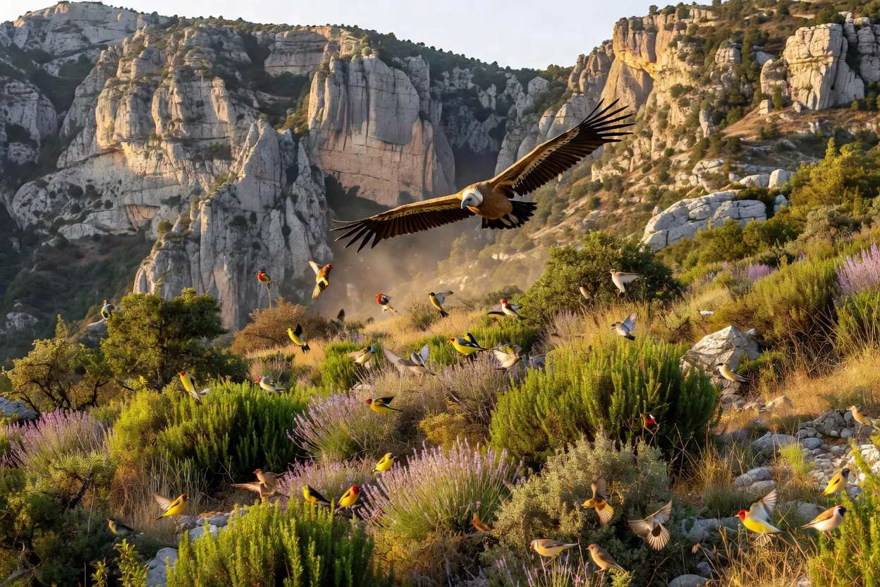 Vautour fauve planant au-dessus des falaises calcaires du Vercors en Drôme