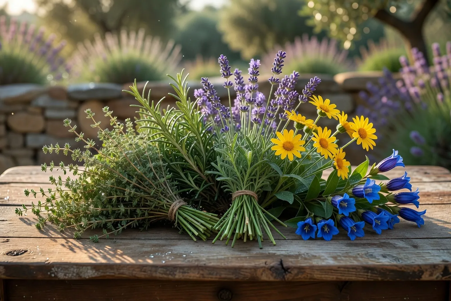 Bouquet de plantes aromatiques et médicinales du Vercors sur table en bois