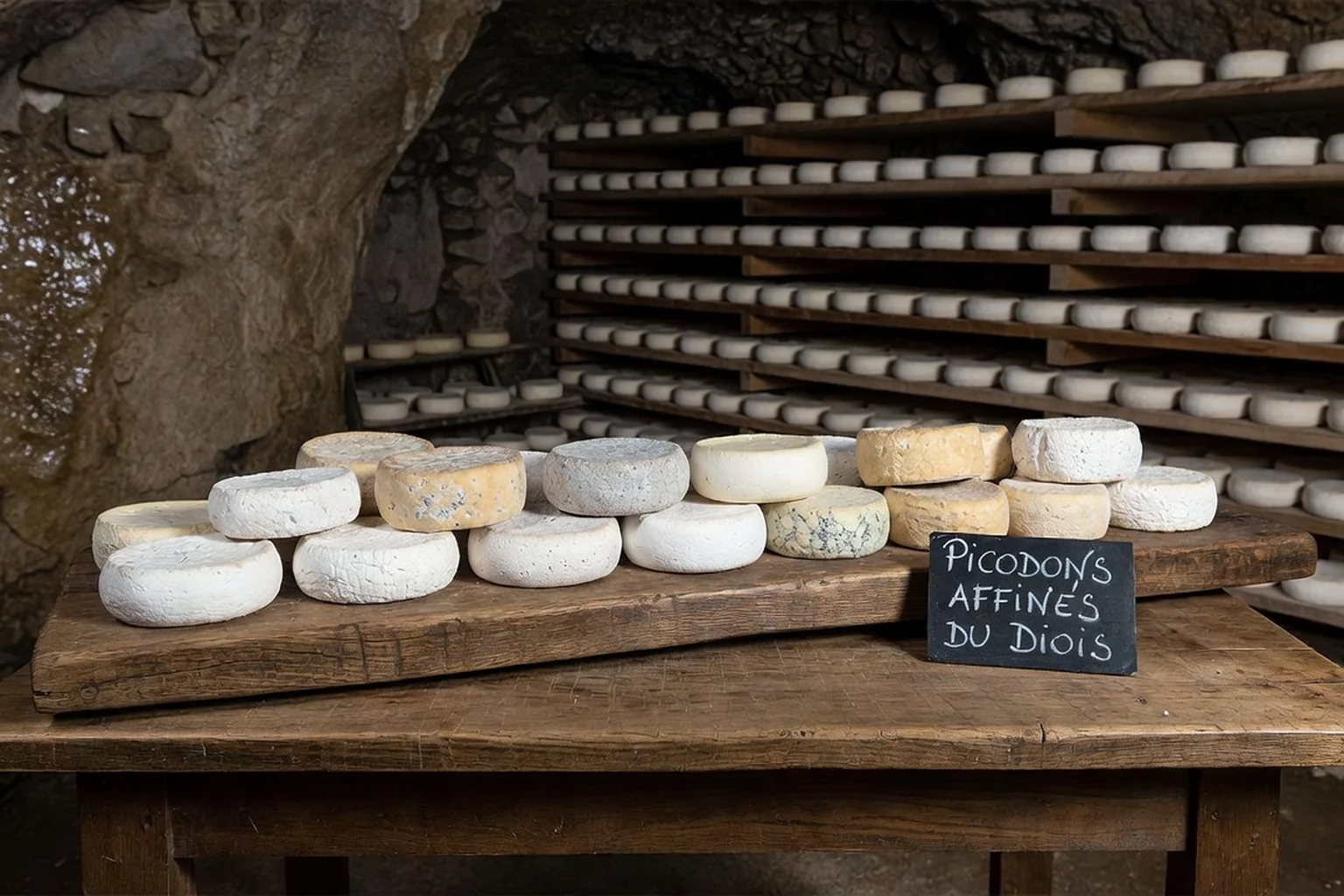 Plateau de picodons affinés posé sur une planche de chêne dans une cave d'affinage traditionnelle du Diois